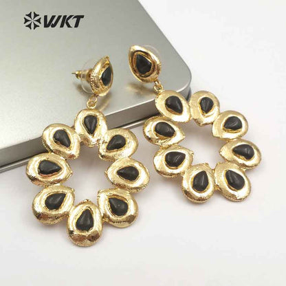 WT-E468 Wholesale Romantic Natural Stone Top Fashion Lady Elegant Jewelry Flower Shape Agate and Turquoise Drop Earrings