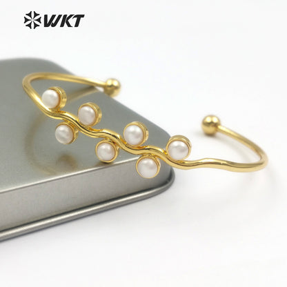 WT-B387 WKT Wholesale Fashion New Simple 24k Real Gold Plated Freshwater Pearl Charm Adjustable Cuff Bangle