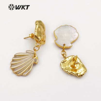 WT-E454 Full Gold Dipped Freshwater Pearl With Gold Bezel Bohemia Style for Women Beach Tiny Scallop Shell Jewelry Earring