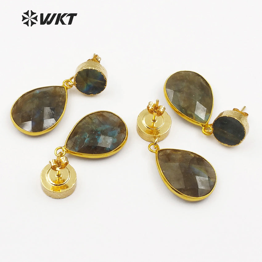 WT-E441 Wholesale New Arrived Stone Earrings for Girl with 24k Gold Plated Gemstone Teardrop Earrings
