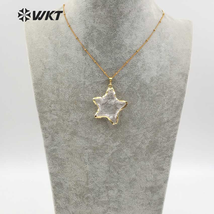 WT-N1119 Wholesale Natural Raw Crystal Quartz Stone Necklace, Handmade Hammer Gold Plated Star Shape Crystal Quartz Necklace