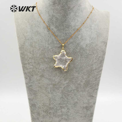WT-N1119 Wholesale Natural Raw Crystal Quartz Stone Necklace, Handmade Hammer Gold Plated Star Shape Crystal Quartz Necklace