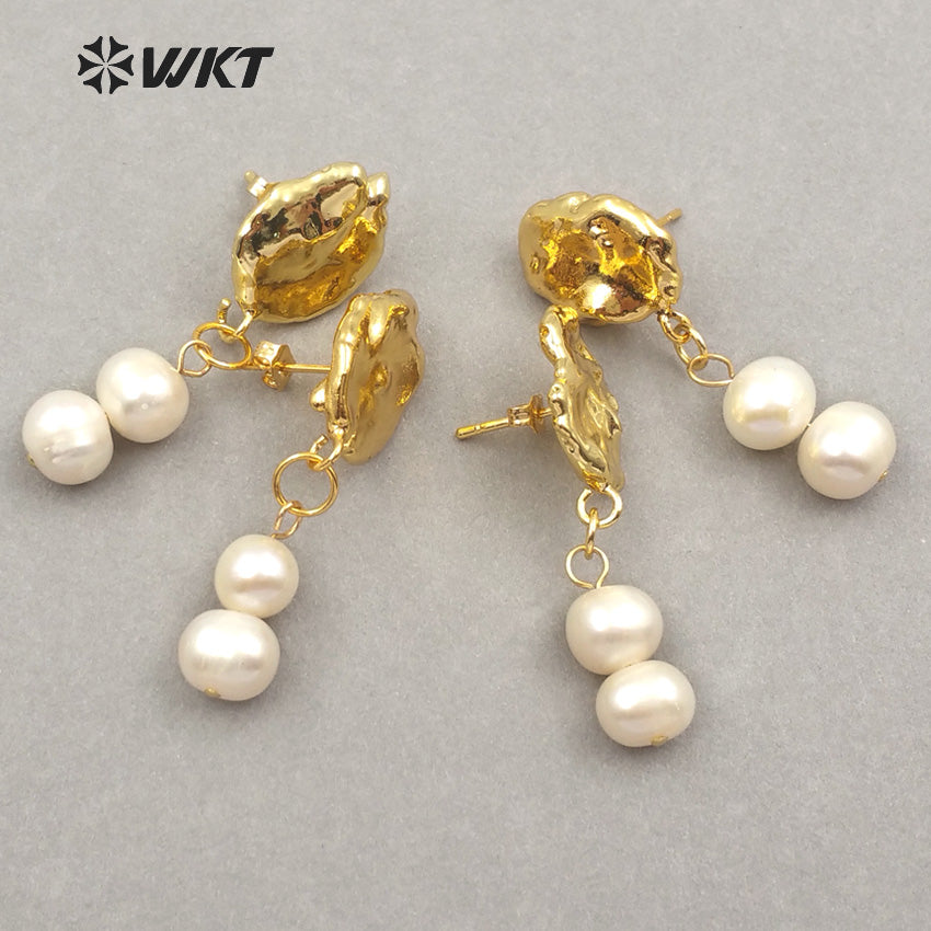 WT-E451 Gold Dipped Natural Freshwater Pearl Double Tiny Round Shape Pearl Inlay Earring Delicate Classic Pearl Women Earring