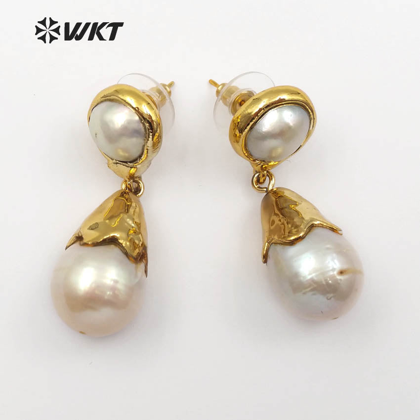 WT-E470 New Arrival Beautiful Special Design Classic with Full Gold for Women Jewelry Water Drop Natural Baroque Pearl Earring
