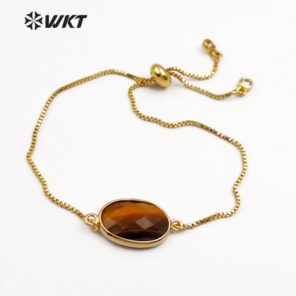 WT-B420 Women Fashion Gold Bezel Natural Gemstone Bracelet, Adjustable Brass Chain Bracelet with Stone