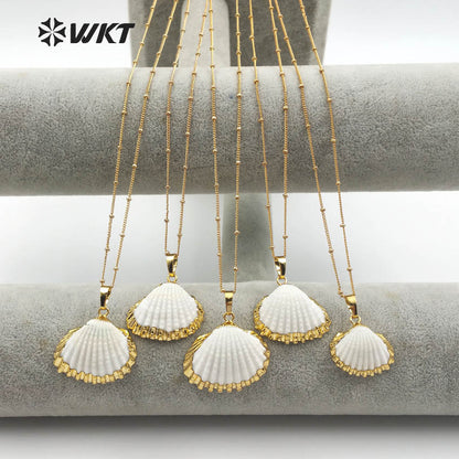 WT-JN014 Wholesale Newest 24k Gold Plated White Scallop Shell Necklace, Lovely Charming White Scallop Shell Necklace
