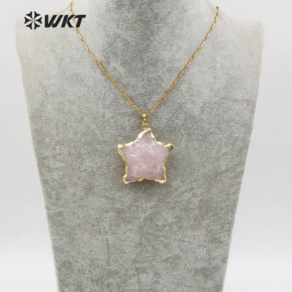 WT-N1122 Fashionable Gold Plated Raw Stone Star Shape Necklace, Bohemian Hammer Rose Quartz Star Necklace