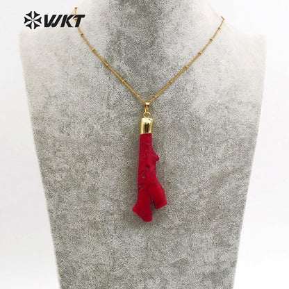WT-N1121 18 Inch Long Stallite Beads Chain Red Coral Necklace, 18k Real Gold Plated Randomly Shape Red Coral Necklace