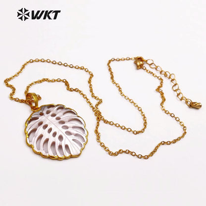 WT-JN027Hot Sale Leaf Shape Pendant Hollow Mesh Necklace Good Quality Stone with Gold Color Plated Pendant