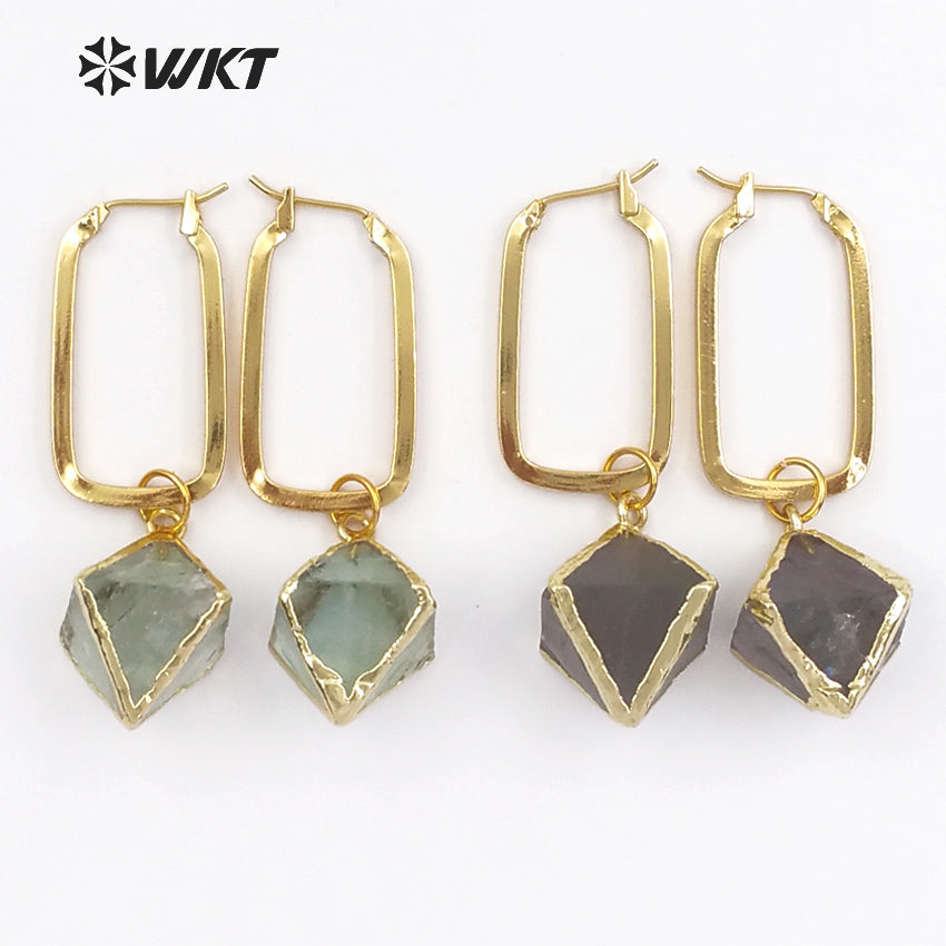 WT-E450 Heal Stone Dice Shape Rainbow Fluorite With Gold Dipped Rectangle Metal Hoop Inlay Earring Women Dainty Jewelry Earring