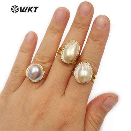 WT-R337 Hot-selling Fashion Gold-plated Pearl Rings Adjustable Size Natural Freshwater Pearl Gold Rings