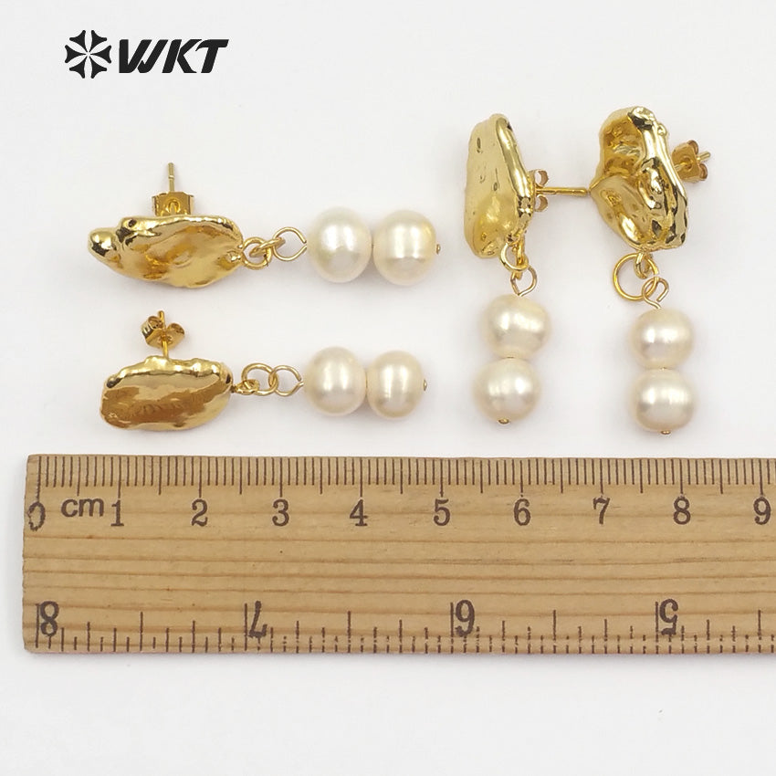 WT-E451 Gold Dipped Natural Freshwater Pearl Double Tiny Round Shape Pearl Inlay Earring Delicate Classic Pearl Women Earring