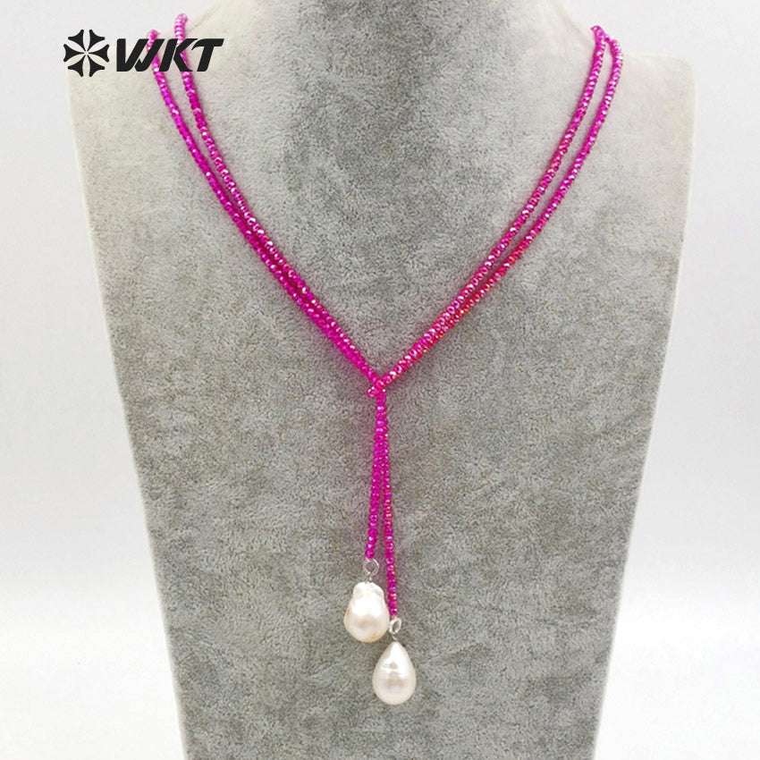 WT-N1115 Long Beads Necklaces Multi-color Beads Crystal Smooth Necklaces with White Pearl Necklaces for Women