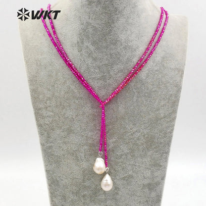 WT-N1115 Long Beads Necklaces Multi-color Beads Crystal Smooth Necklaces with White Pearl Necklaces for Women