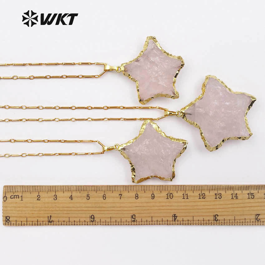 WT-N1122 Fashionable Gold Plated Raw Stone Star Shape Necklace, Bohemian Hammer Rose Quartz Star Necklace