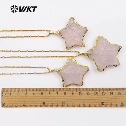 WT-N1122 Fashionable Gold Plated Raw Stone Star Shape Necklace, Bohemian Hammer Rose Quartz Star Necklace