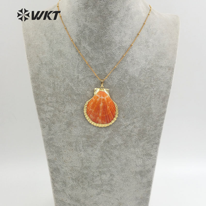 WT-N284 HOT Natural Scallop Shell Jewelry Necklace With 18" Brass Chain in 24k Gold Plated