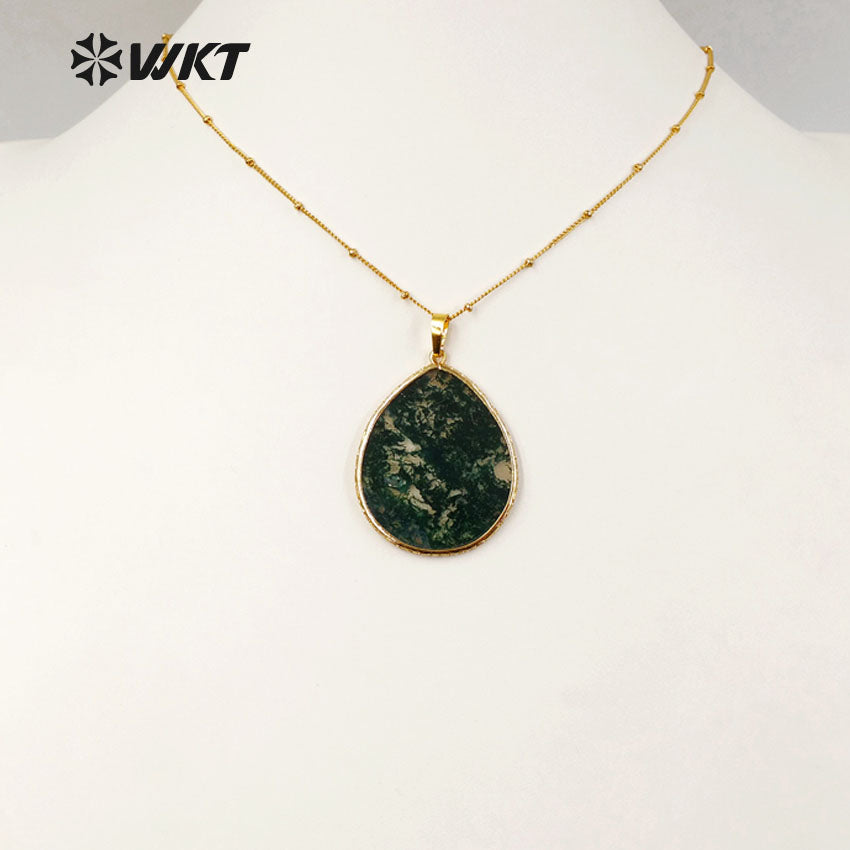 WT-N1102 Wholesale Latest Necklace Designs Moss Agate Pendant Necklace Gold Plated Natural Oval Shape Jasper Agate Necklace