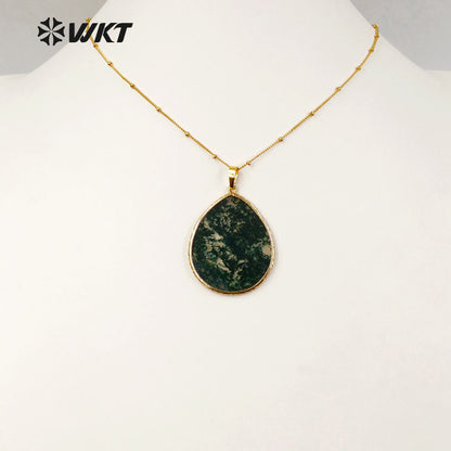 WT-N1102 Wholesale Latest Necklace Designs Moss Agate Pendant Necklace Gold Plated Natural Oval Shape Jasper Agate Necklace