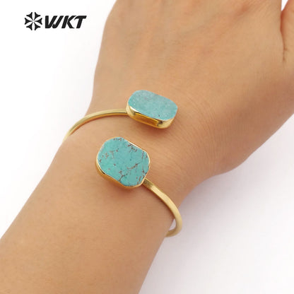 WT-B097 Newest!! Raw Stone Bracelet Bangles in 24k Real Gold Plated, Bohemian Turquoise Stone Bracelet Jewelry