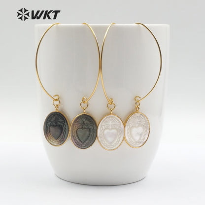 WT-E455 Metal Earwire With Gold Bezel Natural Sea Shell Briolette Earring Mysterious Pattern Women Bohemia Dangle Earring