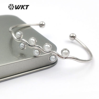 WT-B387 WKT Wholesale Fashion New Simple 24k Real Gold Plated Freshwater Pearl Charm Adjustable Cuff Bangle