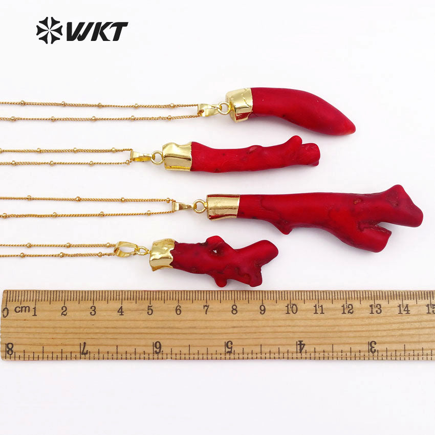 WT-N1121 18 Inch Long Stallite Beads Chain Red Coral Necklace, 18k Real Gold Plated Randomly Shape Red Coral Necklace