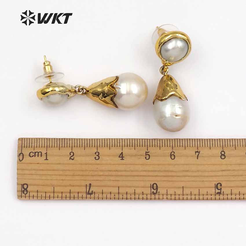 WT-E470 New Arrival Beautiful Special Design Classic with Full Gold for Women Jewelry Water Drop Natural Baroque Pearl Earring