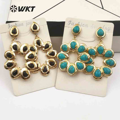 WT-E468 Wholesale Romantic Natural Stone Top Fashion Lady Elegant Jewelry Flower Shape Agate and Turquoise Drop Earrings