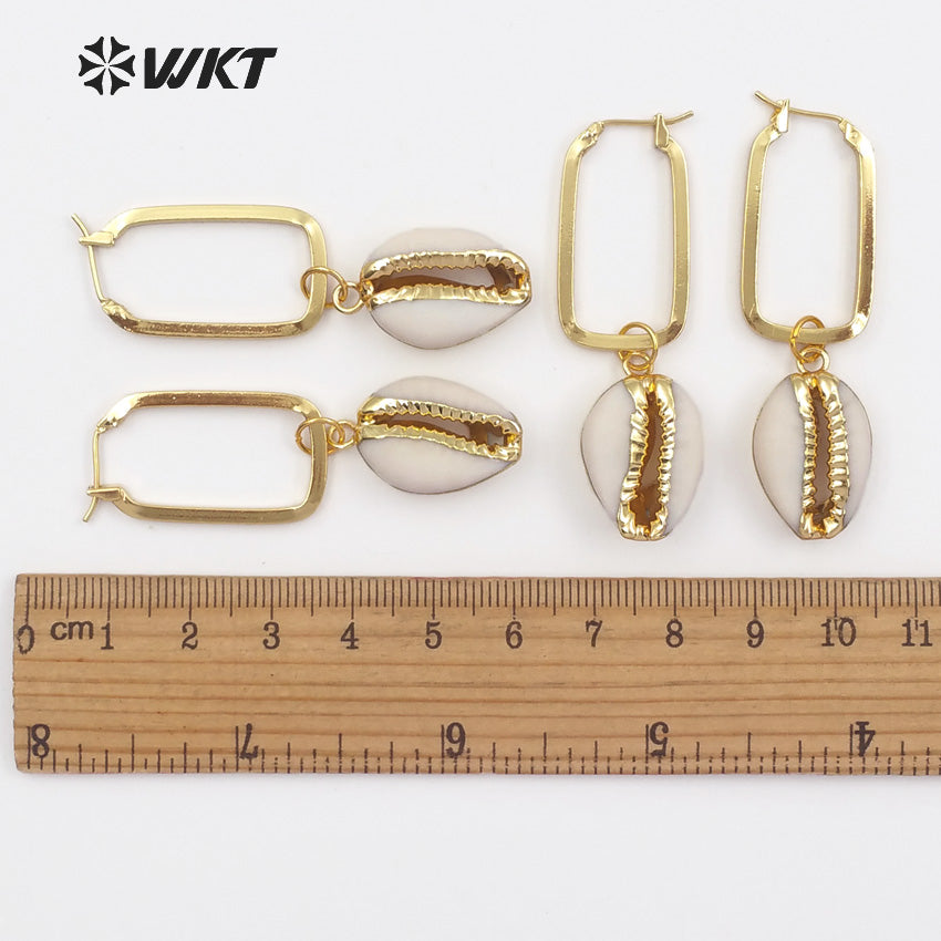 WT-E449 Natural Raw Cowrie With Gold Trim Mosaic Rectangle Metal Hoop Charm Earring Women Bohemia Style Dangle Earring