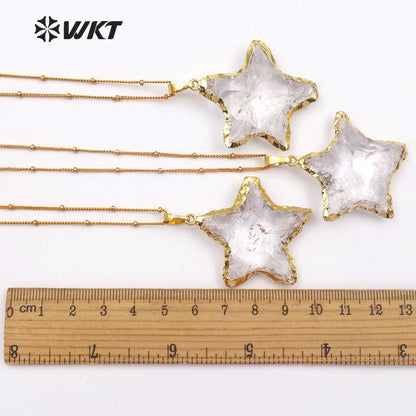 WT-N1119 Wholesale Natural Raw Crystal Quartz Stone Necklace, Handmade Hammer Gold Plated Star Shape Crystal Quartz Necklace