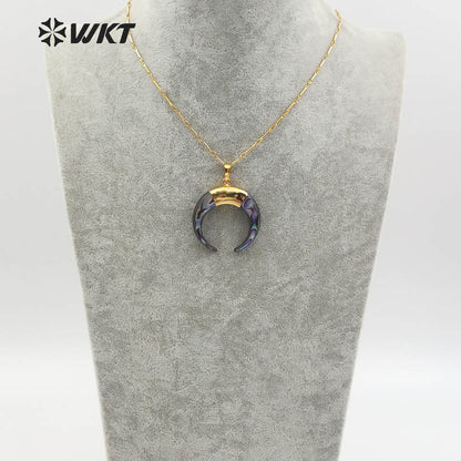 WT-N998 Wholesale High Quality Special Design Necklace 18 Inch Natural Abalone Shell Crescent Shape 24K Gold Plated Jewelry