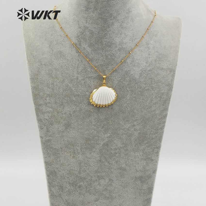 WT-JN014 Wholesale Newest 24k Gold Plated White Scallop Shell Necklace, Lovely Charming White Scallop Shell Necklace