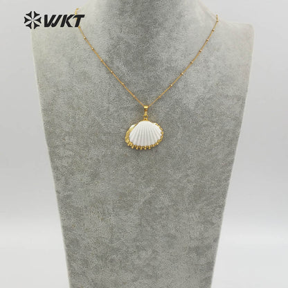 WT-JN014 Wholesale Newest 24k Gold Plated White Scallop Shell Necklace, Lovely Charming White Scallop Shell Necklace