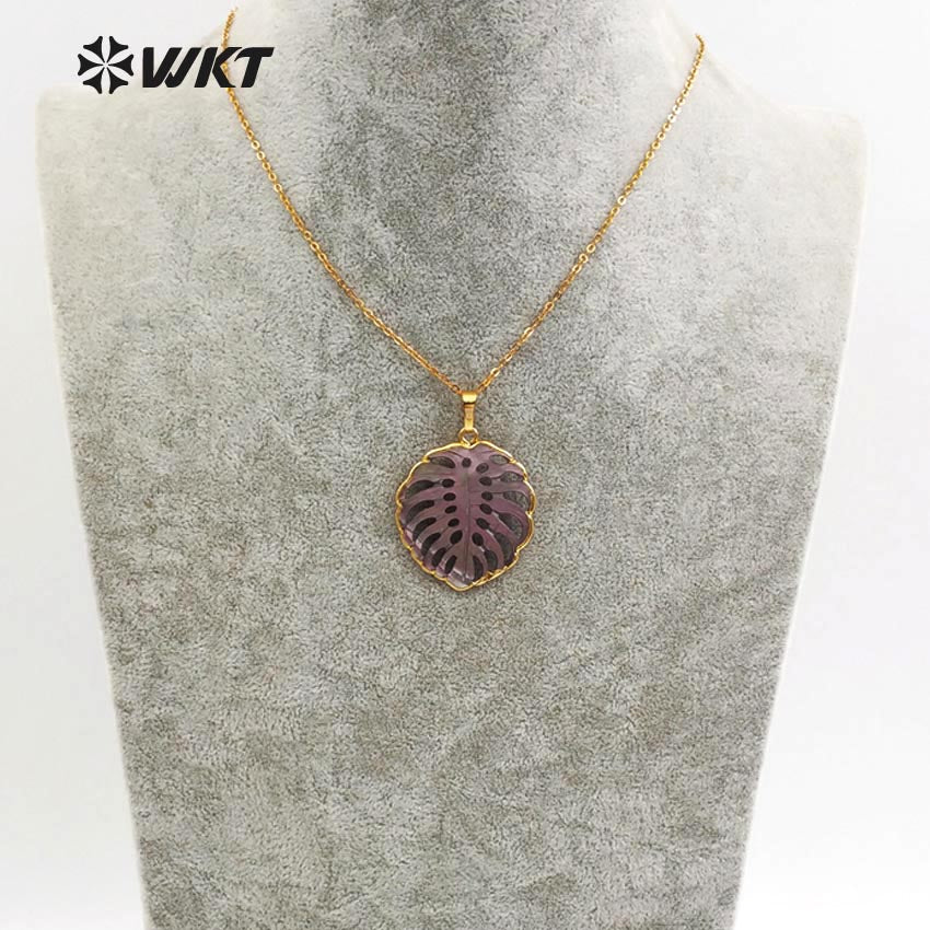 WT-JN027Hot Sale Leaf Shape Pendant Hollow Mesh Necklace Good Quality Stone with Gold Color Plated Pendant