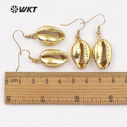 WT-E164 Wholesale Natural White Cowry Shell With Full Gold Dipped Earrings, Hotsale Gold Shell Cowry Earrings