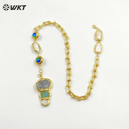 WT-JN257 WKT New Exclusive Design 19 Inch Long Handmade Chain Assemble With Beads Pearl Druzy Agate Pendant Women Necklace