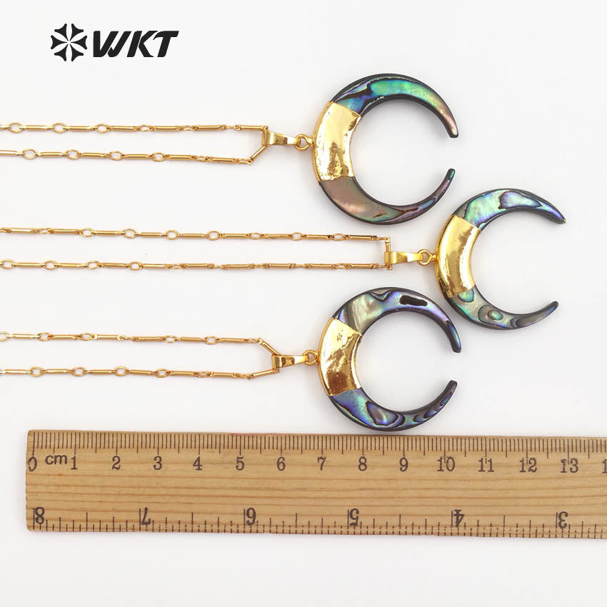 WT-N998 Wholesale High Quality Special Design Necklace 18 Inch Natural Abalone Shell Crescent Shape 24K Gold Plated Jewelry