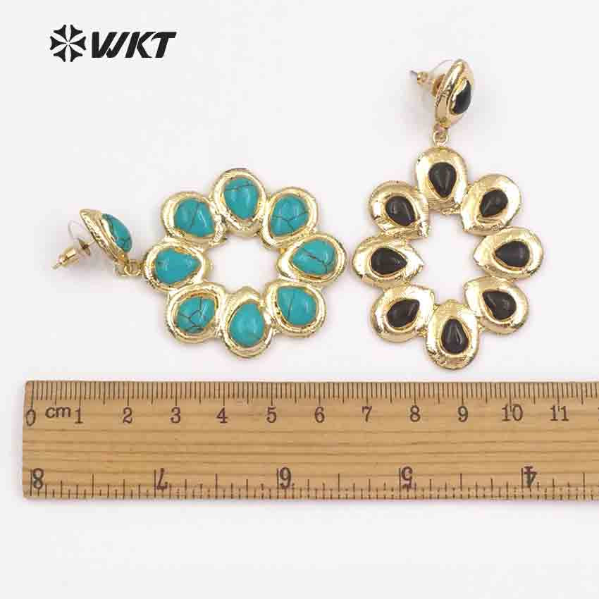 WT-E468 Wholesale Romantic Natural Stone Top Fashion Lady Elegant Jewelry Flower Shape Agate and Turquoise Drop Earrings