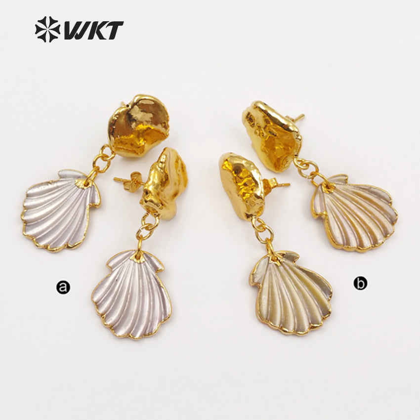WT-E454 Full Gold Dipped Freshwater Pearl With Gold Bezel Bohemia Style for Women Beach Tiny Scallop Shell Jewelry Earring