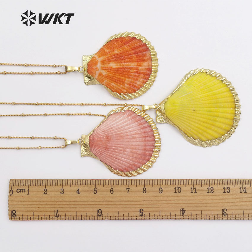 WT-N284 HOT Natural Scallop Shell Jewelry Necklace With 18" Brass Chain in 24k Gold Plated