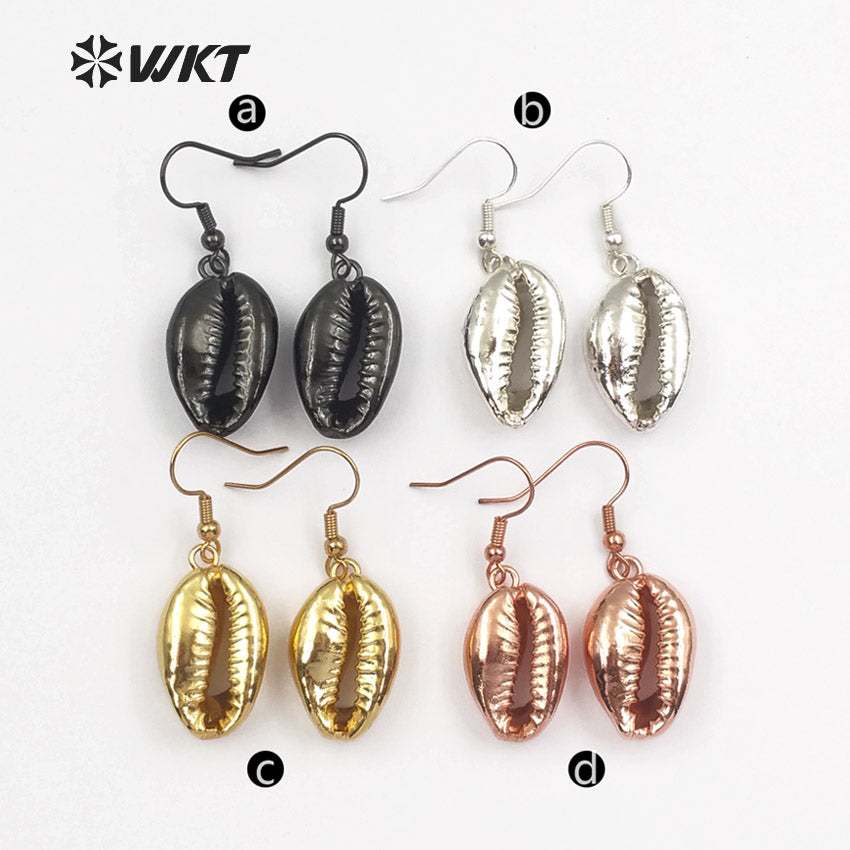 WT-E164 Wholesale Natural White Cowry Shell With Full Gold Dipped Earrings, Hotsale Gold Shell Cowry Earrings