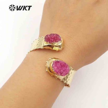 WT-B435 Wholesale Custom New Design Natural Gold Color Multi Stone With Adjustable Size for Jewelry Druzy Stone Bangles