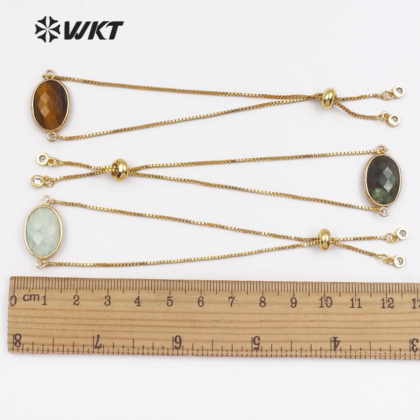 WT-B420 Women Fashion Gold Bezel Natural Gemstone Bracelet, Adjustable Brass Chain Bracelet with Stone