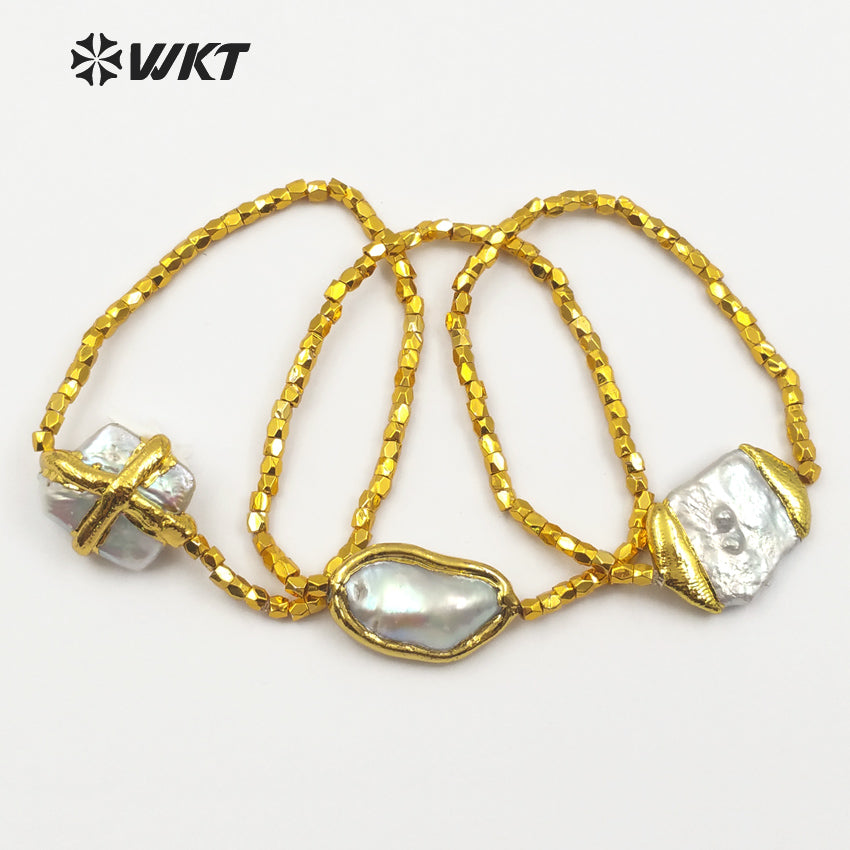 WT-B418 Amazing Gold Plated Freshwater Pearl Bracelet Women Fashionable Flexible Baroque Pearl Bracelet for Gift