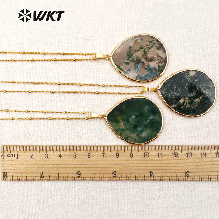 WT-N1102 Wholesale Latest Necklace Designs Moss Agate Pendant Necklace Gold Plated Natural Oval Shape Jasper Agate Necklace