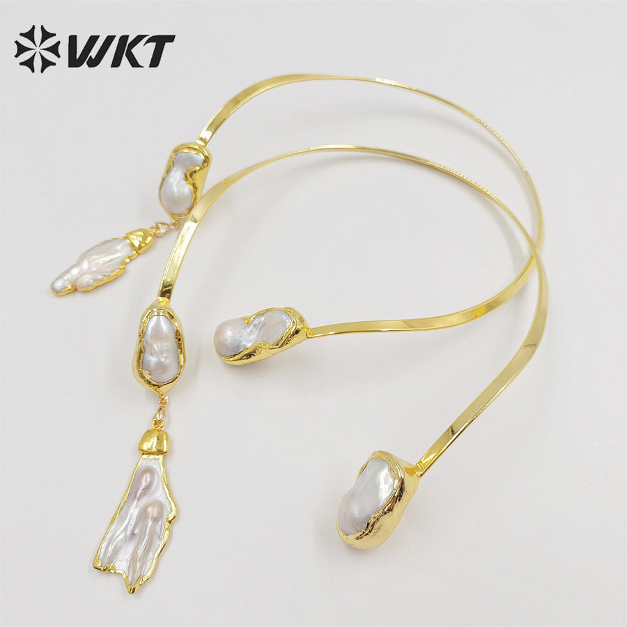 WT-JN212 Wholesale Fashion Gorgeous 18k Real Gold Plated Baroque Pearl Necklace Precious Noble Style Freshwater Pearl Necklace