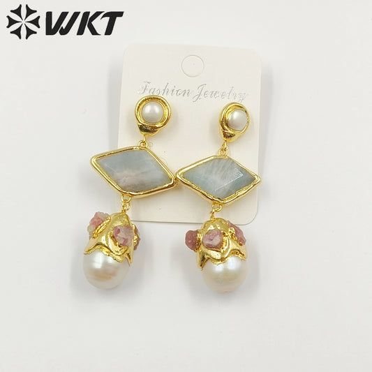 WT-MPE101 Latest Style Freshwater Pearl Aquamarine Sun Stone 18k Gold Plated Gift Weeding Romantic Pendant Earrings