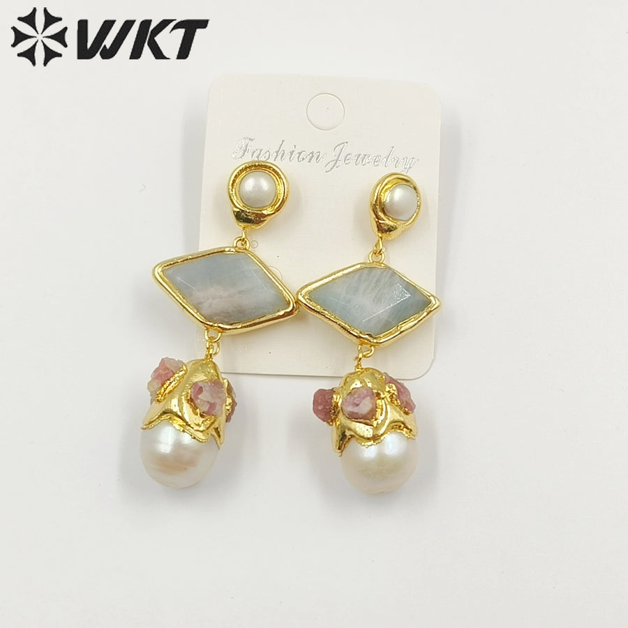 WT-MPE101 Latest Style Freshwater Pearl Aquamarine Sun Stone 18k Gold Plated Gift Weeding Romantic Pendant Earrings