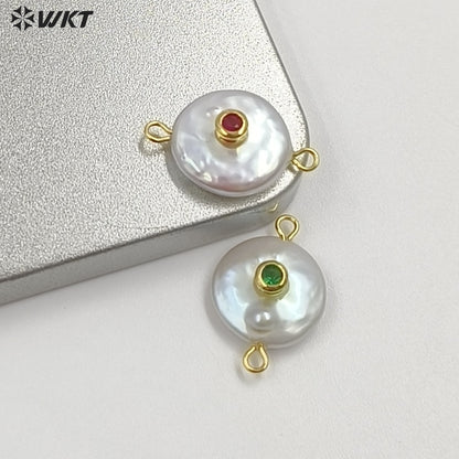 WT-JP252 WKT NEW Natural Freshwater Pearl Cross Pendant Fashion Gold Simple Cz Charm Double Loops Connector As Jewelry Findings